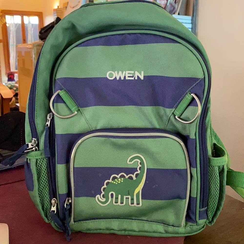 POTTERY BARN Striped Navy/Green Dinosaur Backpack